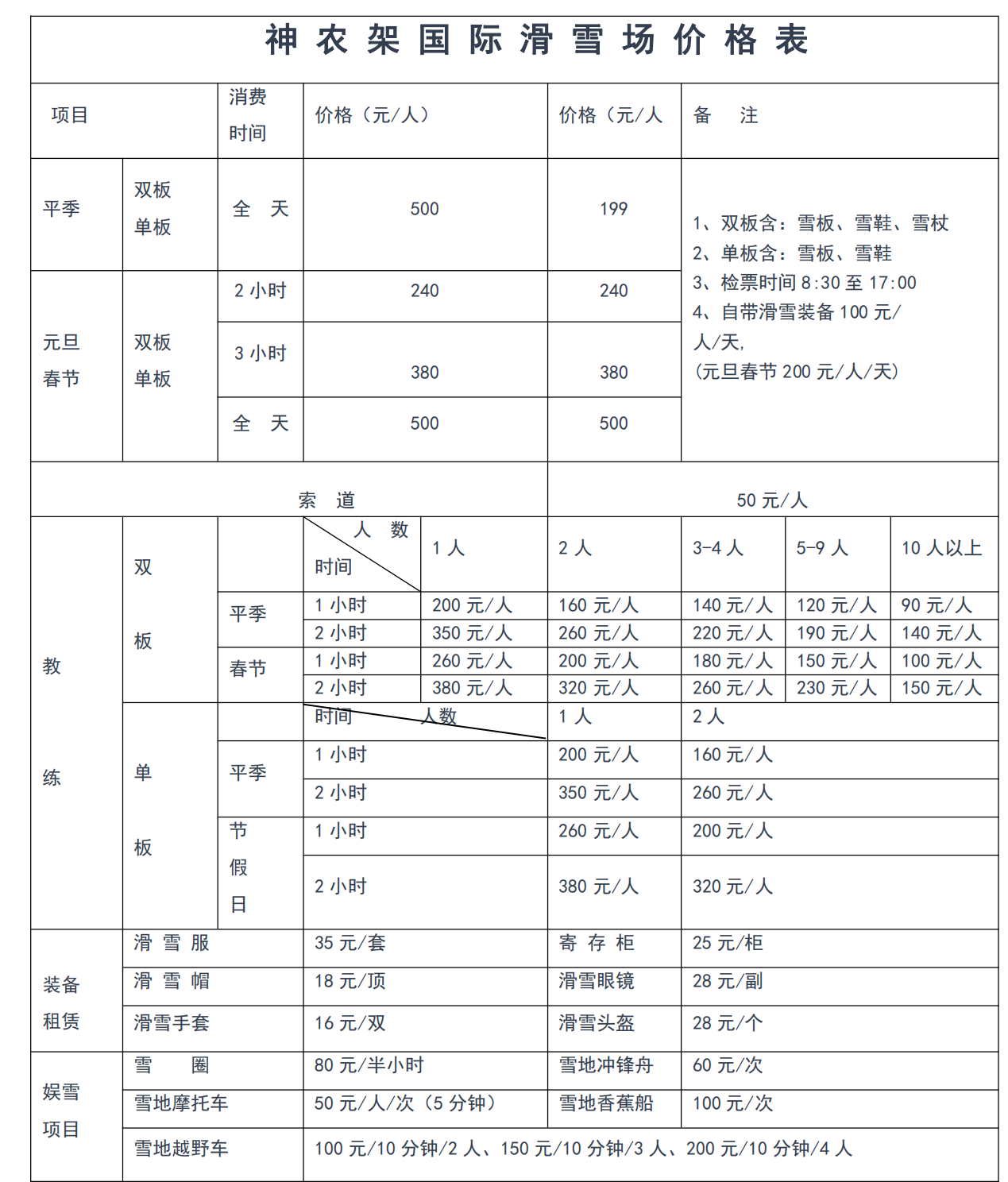 神农架国际滑雪场价格